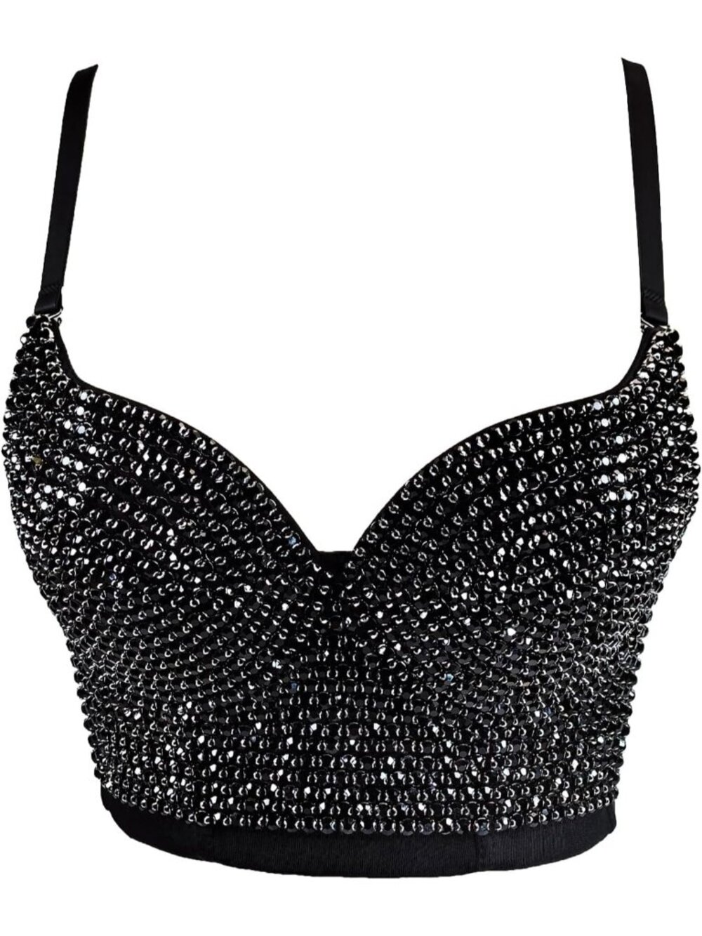 Women's Black Lace Mesh Rhinestone Diamond Bra Push Up Bustier Corset Crop Top